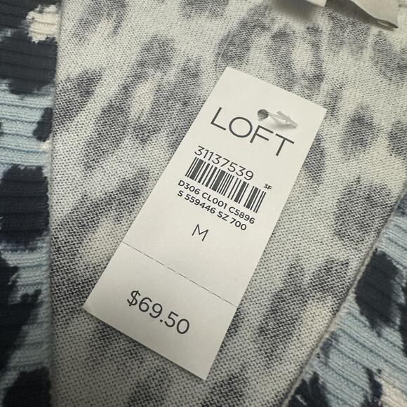 LOFT Cardigan Sweater Womens Medium Blue Leopard Print Button Front Knit - Picture 7 of 12